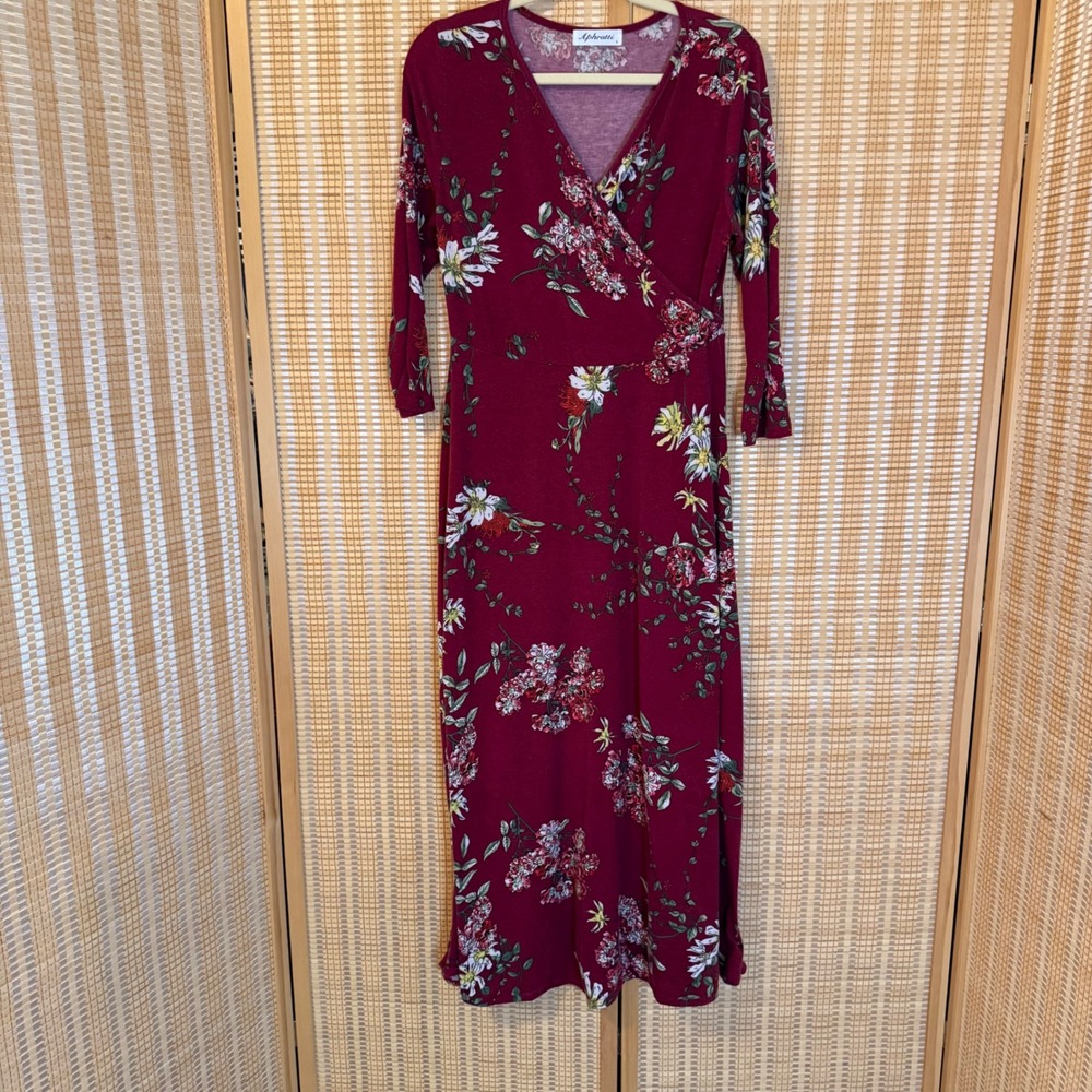 Aphratti Burgundy Floral Faux Wrap Maxi Dress 3/4 Sleeve Jersey Knit Size Large